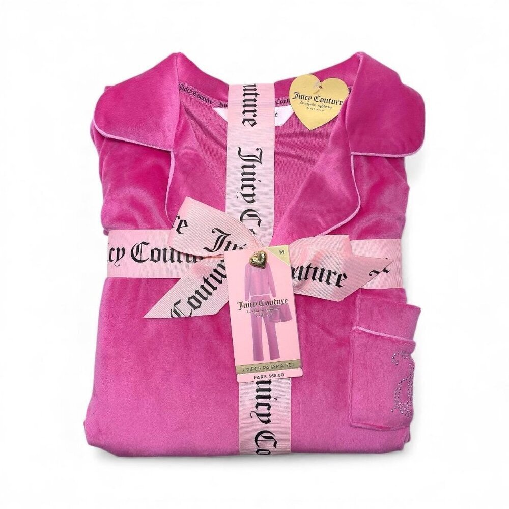 Juicy Couture Logo 3 Piece Top, Pants & Shorts Pink Pajama Gift Set Size M or L - Picture 4 of 6